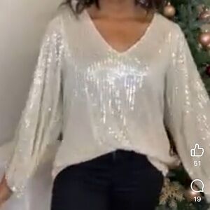 Pink Lily Sensational Entrance  Sequin Taupe Blouse New Size L